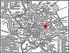 Localisation des thermes de Titus et de Trajan, et de la Domus aurea, en rouge.