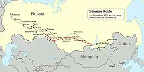 Carte en anglais représentant la Russie et l’Asie mineure et montrant le parcours de la route de sibérie, de la Chine à Moscou.