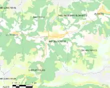 Carte élémentaire montrant les limites de la commune, les communes voisines, les zones de végétation et les routes