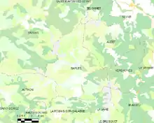  Carte élémentaire montrant les limites de la commune, les communes voisines, les zones de végétation et les routes