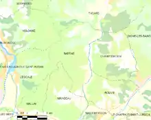 Carte élémentaire montrant les limites de la commune, les communes voisines, les zones de végétation et les routes