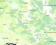 Carte élémentaire montrant les limites de la commune, les communes voisines, les zones de végétation et les routes