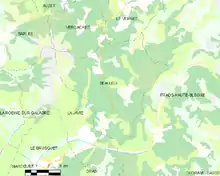  Carte élémentaire montrant les limites de la commune, les communes voisines, les zones de végétation et les routes