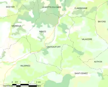  Carte élémentaire montrant les limites de la commune, les communes voisines, les zones de végétation et les routes