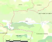  Carte élémentaire montrant les limites de la commune, les communes voisines, les zones de végétation et les routes