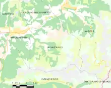  Carte élémentaire montrant les limites de la commune, les communes voisines, les zones de végétation et les routes