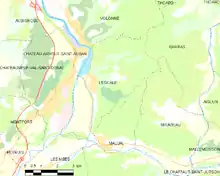  Carte élémentaire montrant les limites de la commune, les communes voisines, les zones de végétation et les routes