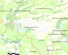  Carte élémentaire montrant les limites de la commune, les communes voisines, les zones de végétation et les routes