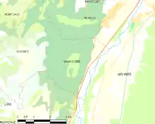 Carte élémentaire montrant les limites de la commune, les communes voisines, les zones de végétation et les routes