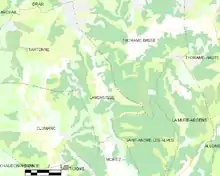  Carte élémentaire montrant les limites de la commune, les communes voisines, les zones de végétation et les routes