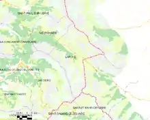 Carte élémentaire montrant les limites de la commune, les communes voisines, les zones de végétation et les routes