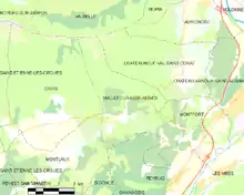  Carte élémentaire montrant les limites de la commune, les communes voisines, les zones de végétation et les routes