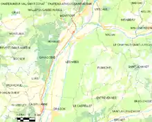  Carte élémentaire montrant les limites de la commune, les communes voisines, les zones de végétation et les routes