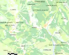  Carte élémentaire montrant les limites de la commune, les communes voisines, les zones de végétation et les routes