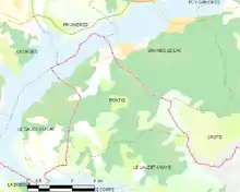  Carte élémentaire montrant les limites de la commune, les communes voisines, les zones de végétation et les routes