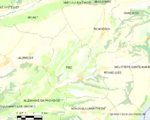  Carte élémentaire montrant les limites de la commune, les communes voisines, les zones de végétation et les routes