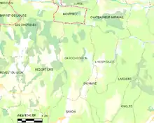  Carte élémentaire montrant les limites de la commune, les communes voisines, les zones de végétation et les routes