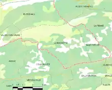  Carte élémentaire montrant les limites de la commune, les communes voisines, les zones de végétation et les routes
