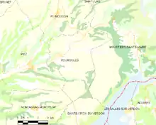  Carte élémentaire montrant les limites de la commune, les communes voisines, les zones de végétation et les routes