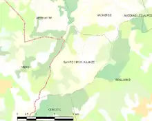  Carte élémentaire montrant les limites de la commune, les communes voisines, les zones de végétation et les routes