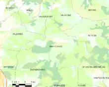  Carte élémentaire montrant les limites de la commune, les communes voisines, les zones de végétation et les routes