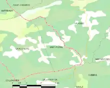  Carte élémentaire montrant les limites de la commune, les communes voisines, les zones de végétation et les routes