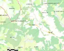  Carte élémentaire montrant les limites de la commune, les communes voisines, les zones de végétation et les routes