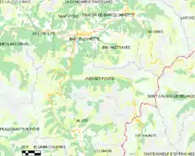  Carte élémentaire montrant les limites de la commune, les communes voisines, les zones de végétation et les routes