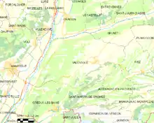  Carte élémentaire montrant les limites de la commune, les communes voisines, les zones de végétation et les routes