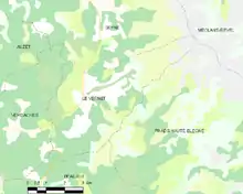  Carte élémentaire montrant les limites de la commune, les communes voisines, les zones de végétation et les routes