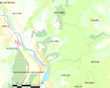  Carte élémentaire montrant les limites de la commune, les communes voisines, les zones de végétation et les routes