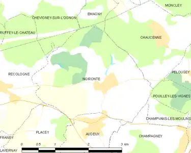 Carte représentant les limites territoriales de plusieurs communes.