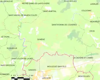 Carte des environs du village avec les nom et les limites des communes limitrophes.