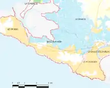 Carte montrant le territoire de la commune et les localités limitrophes sur la presqu'île du Croisic.