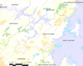 Carte montrant le territoire de la commune et les localités limitrophes.