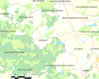 Carte de la commune de Châtenoy (Loiret) et des communes limitrophes.