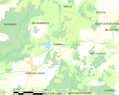 Carte de la commune de Combreux et des communes limitrophes.