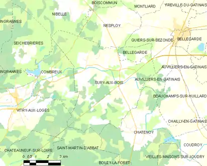 Carte de la commune de Sury-aux-Bois et des communes limitrophes.