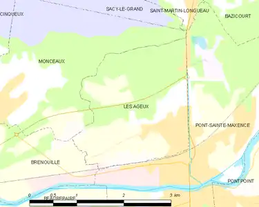 Vue d'une carte dessinant une commune et ses communes limitrophes.