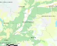 Un plan de la commune présentant le nom des villages et des couleurs vertes matérialiser pour les parties forestières.