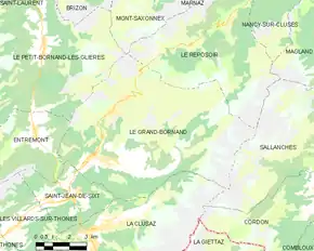Carte montrant Le Grand-Bornand et les communes voisines.