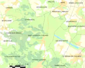 Plan de Saint-Léger-en-Yvelines et de ses environs : l'étang Rompu, dans lequel le corps de Boulin se trouvait, se situe à l'intérieur de la seule boucle prononcée de la route qui relie Saint-Léger à Montfort-l'Amaury.