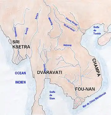 Indianisation et sinisation, le "Fou-nan" au moment de sa disparition au VIe siècle, et de l'émergence de Dvaravati.