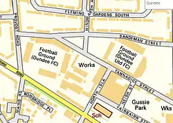 Carte de Dundee montrant la proximité des deux enceintes.Environ 300 mètres séparent les deux stades.