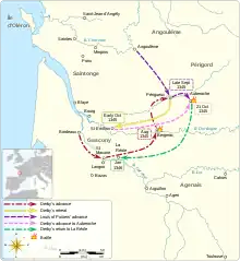 Carte du sud-ouest de la France en 1345 montrant les principaux mouvements de troupes entre août et novembre.
