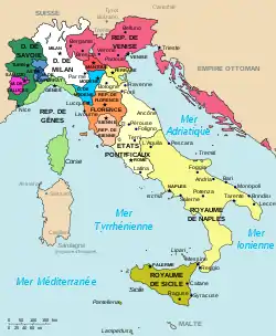 Carte représentant la péninsule italienne divisée entre divers royaumes