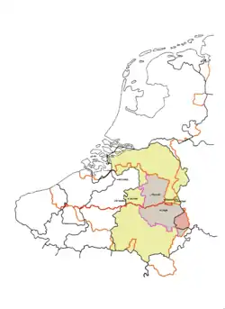 Cette carte représente l'ancien diocèse de Liège (en jaune) qui a évolué à partir de la Civitas Tungrorum. Les provinces modernes de Liège et du Limbourg sont également indiquées. La ligne rouge représente la frontière linguistique entre le néerlandais et le français. L'orange représente les frontières nationales modernes.