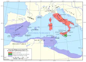 Carte de situation des deux puissances de la Méditerranée occidentale avant le début de la seconde guerre punique