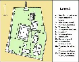 Map showing a dozen buildings of various sizes, overlaid on top of the earlier map