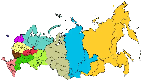 Carte du découpage de la Russie en régions économiques.